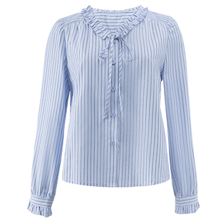 衣纱布菲秋音2025秋装新款木耳边V领条纹衬衫航海风木耳边领OL风