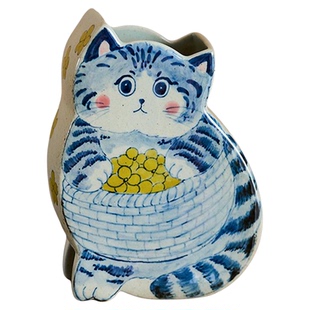 手绘青花猫咪花瓶书桌客厅玄关创意摆件景德镇陶瓷水培鲜花插花器