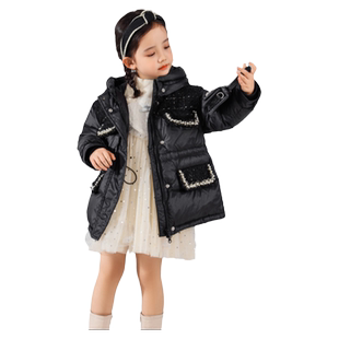 韦氏冬装女童儿童羽绒服外套连帽中长款洋气淑女加厚保暖拼接小香