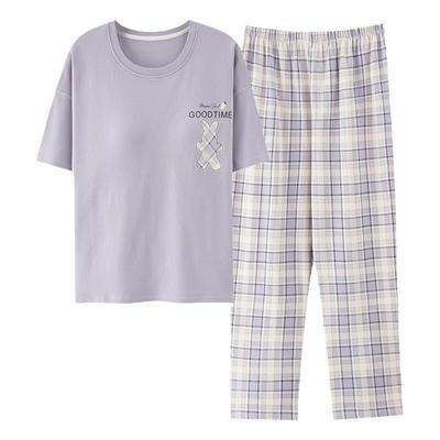 帕兰朵纯棉大码格子带胸垫睡衣夏