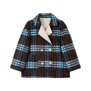 OPCP儿童双面羊绒大衣秋冬新款女童呢子外套中大童复古格子中长款