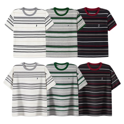 PSO Brand男装女装美式学院风重磅条纹针织刺绣小狗短袖T恤半袖