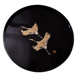 现货日本进口前重漆器树脂圆托盘日式手工仙鹤漆盘干泡茶盘果盘子