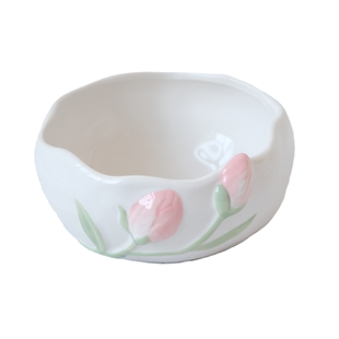 立体郁金香盘子杯子碗ins风法式韩式浮雕陶瓷杯粉色花朵礼品餐具