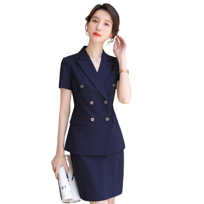 诗璐雅西装套装裙夏天短袖双排扣商务酒店管理职业装面试工作服女