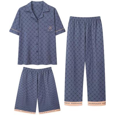 男纯棉短袖长裤三件套家居服套装