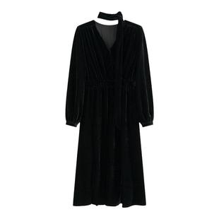 AZure法式复古长裙V领仿真丝绒连衣裙高腰飘带裙灯笼袖长袖小黑裙