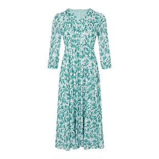 黛玛诗法式优雅印花茶歇裙春新款V领网纱连衣裙女中长款大摆型