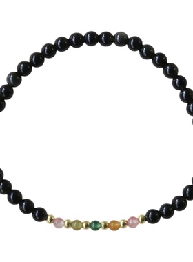 天然黑曜石彩虹碧玺极细手链女