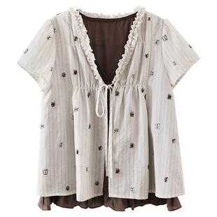 【清仓秒杀】夏韩系气质上衣蝴蝶绣花小衫减龄小众别致假两件衬衫