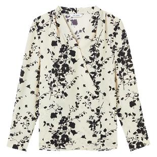 朗姿法式优雅碎花V领捏褶衬衫2025年秋季通勤复古典雅印花上衣女