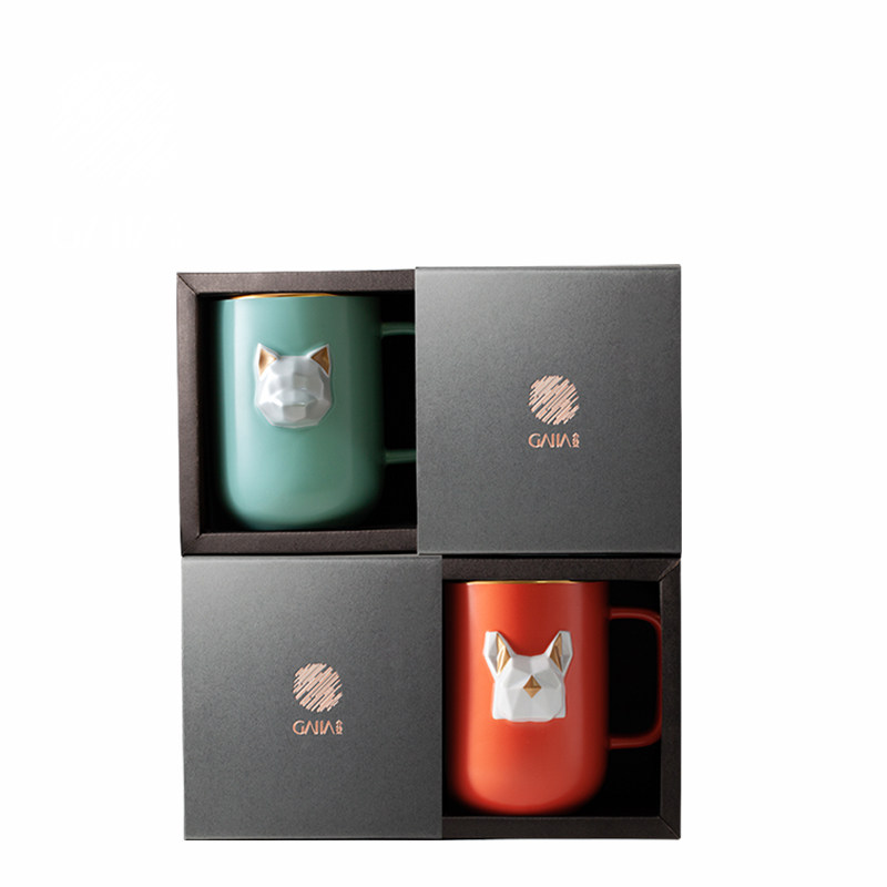 介亚几何切割3D浮雕猫狗情侣杯