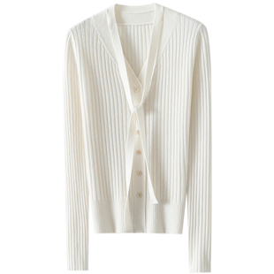 精致讲究~飘带100%纯山羊绒开衫女V领纯羊绒毛衣针织打底衫秋冬