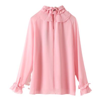 M2女装品牌折扣t恤女春夏季法式大码荷叶领长袖时尚洋气休闲上衣