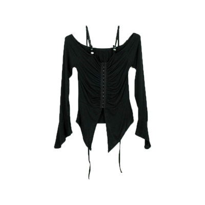 抽褶一字领纯色长袖T恤上衣