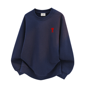 Ami iepo官方藏青色圆领卫衣男女情侣秋冬季潮牌美式宽松套头上衣