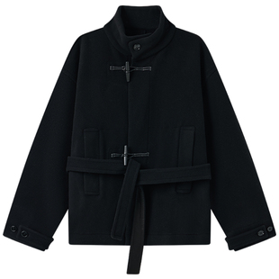 Halo Luu金敏喜同款黑色牛角扣羊毛大衣女冬新款立领短款毛呢外套