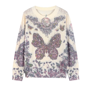 古嘉子2025新款羊毛衫妈妈春季薄款圆领长袖上衣印花针织衫女9605