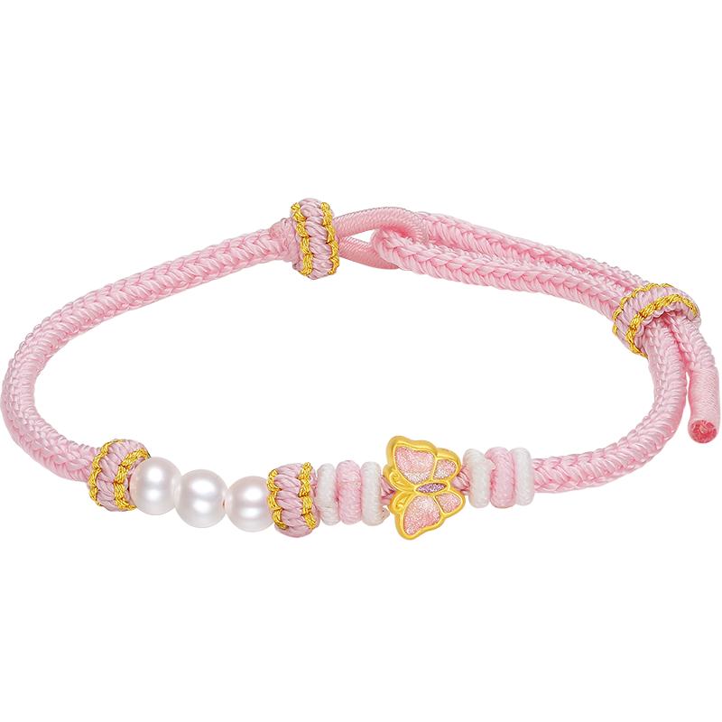 周六福5d硬金女款定价淡水珍珠搭配黄金手链女生手绳春愿花事送