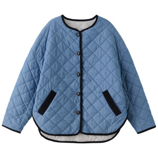 花少宋茜同款蓝色菱格牛仔棉服女秋冬季保暖宽松休闲韩版棉衣外套