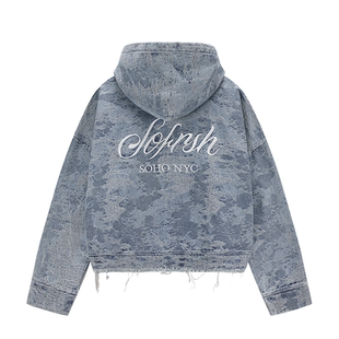 SOFRSH牛仔连帽卫衣男美式复古水洗做旧刺绣局部破坏工艺春秋新款