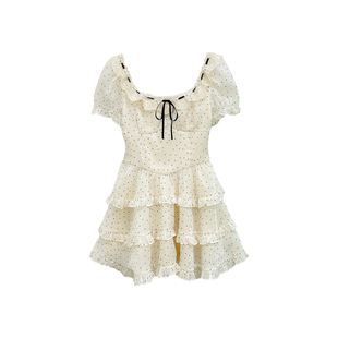 米米子微胖大码胖mm“枕边童话”甜美方领套头蕾丝白色波点公主裙