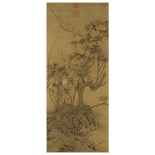 佚名梅竹聚禽图微喷打印宋元花鸟画临摹绢布画稿工笔花卉禽鸟画范