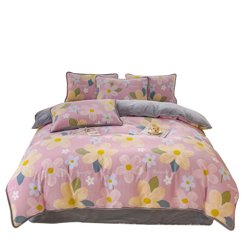 冬款床上ab面被套四件套珊瑚绒180X220一面棉加绒单面牛奶绒床笠