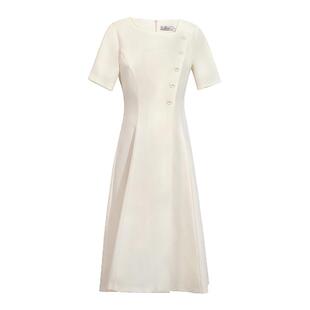 OFFIY-贵气真公主 白色天鹅领短袖气质正式场合富家千金连衣裙