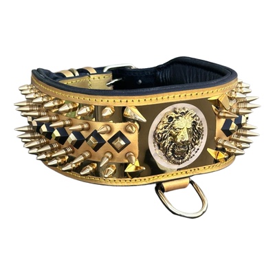 铆钉尖刺狮子图案皮革宠物狗项圈
