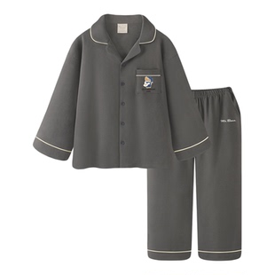 男士睡衣四季通用深灰纯棉长袖A类家居服宽松大码可外穿男款套装