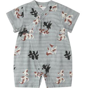 新生儿婴儿衣服夏季短袖薄款绑带睡衣天竹棉纱布国风男宝宝连体衣