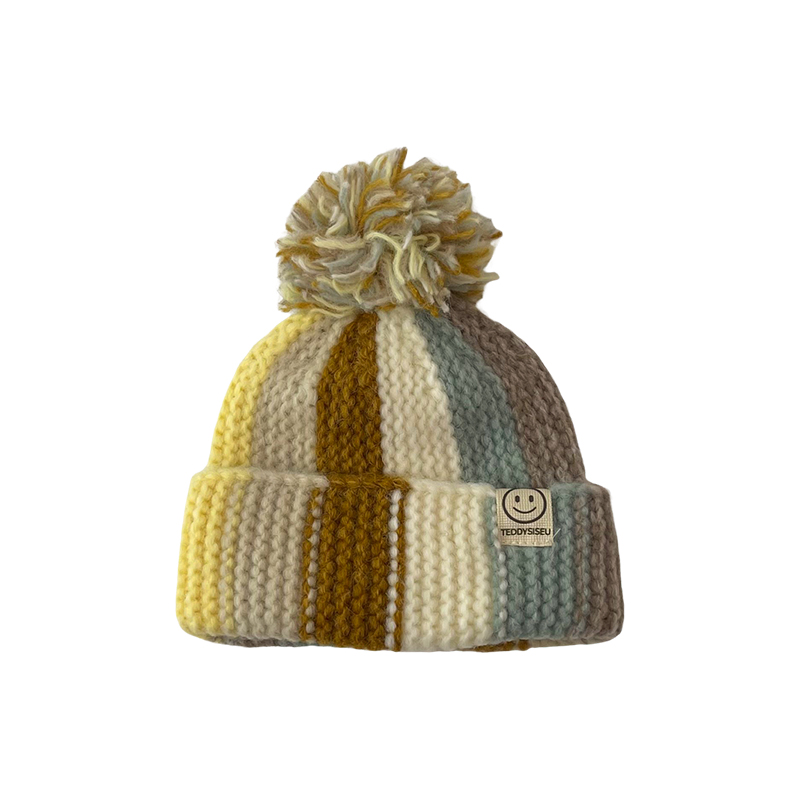 宝宝彩虹帽子男女童秋冬保暖防寒针织套头帽潮童时尚撞色毛球冷帽