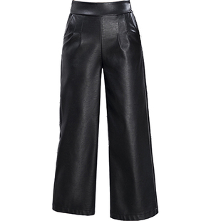 八分pu皮阔腿裤女秋冬季新款松紧腰外穿韩版皮裤直筒裤休闲裤子女