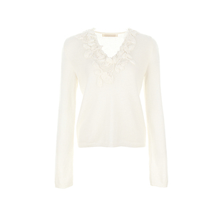 wana try羊毛重工花边V领针织衫奶白色2025冬季新款软糯女款上衣