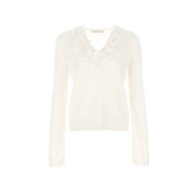 wanatry羊毛重工花边V领针织衫