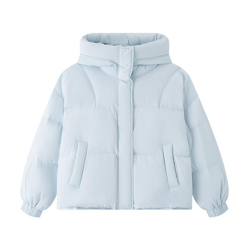 三福羽绒服冬季女款2026新款抽绳下摆短款连帽蓝色外套女装851044