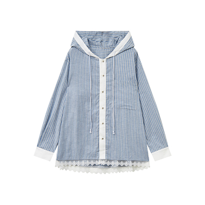 物理少年连帽条纹长袖衬衫