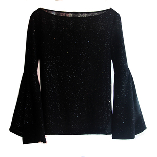 星星亮片弹力针织九分喇叭袖度假黑色显瘦修身套头一字领T恤上衣