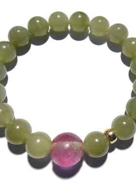 正品和田玉粉青手链碧玺色粉琉璃