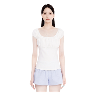 BM短袖女纯色方领修身显瘦设计感小众2024夏季新款纯欲风百搭上衣