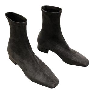 低跟短靴女粗跟2025新款秋冬加绒方头绒面袜靴中跟套筒弹力瘦瘦靴