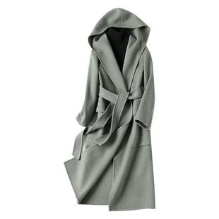 双面呢大衣女中长款连帽时尚2026春秋新款赫本风宽松腰带毛呢外套