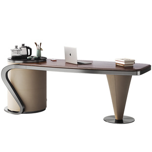 诚骏白蜡木实木书桌茶台一体两用轻奢现代简约高端胡桃木色办公桌