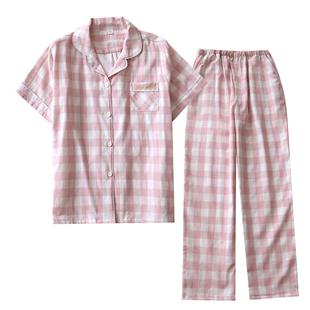 短袖长裤家居服日系夏季精梳棉色纺纱情侣睡衣柔软透气宽松大码薄
