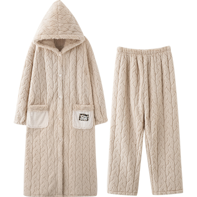 连帽加厚珊瑚绒睡袍套装抗寒保暖