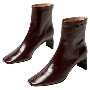 割草机老k 简约油腊皮 酒红短靴女单靴高跟扁跟真皮小方头瘦瘦靴
