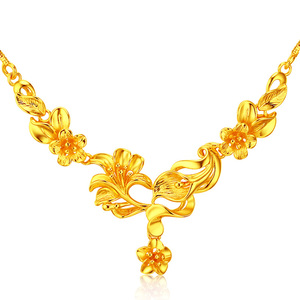 时尚优雅花朵镀黄金项链女士款婚庆新娘结婚沙金首饰品吊坠锁骨链