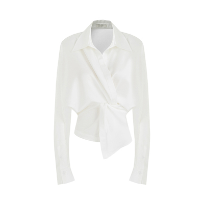 UNSPOKEN缎面收腰扭结V领衬衫