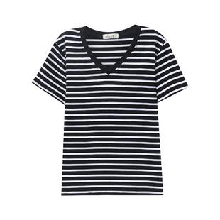 条纹短袖t恤女纯棉新款夏季宽松大码上衣半袖遮肉体恤衫v领妈妈装